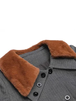 Sale Retro Stage 1930s Faux Fur Lapel Collar Coat Gray