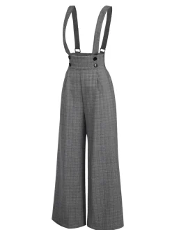 Online Retro Stage Gray 1940s Glen Plaid Buttoned Overall Pants