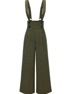 Online Retro Stage Gray 1940s Glen Plaid Buttoned Overall Pants
