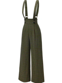Online Retro Stage Gray 1940s Glen Plaid Buttoned Overall Pants