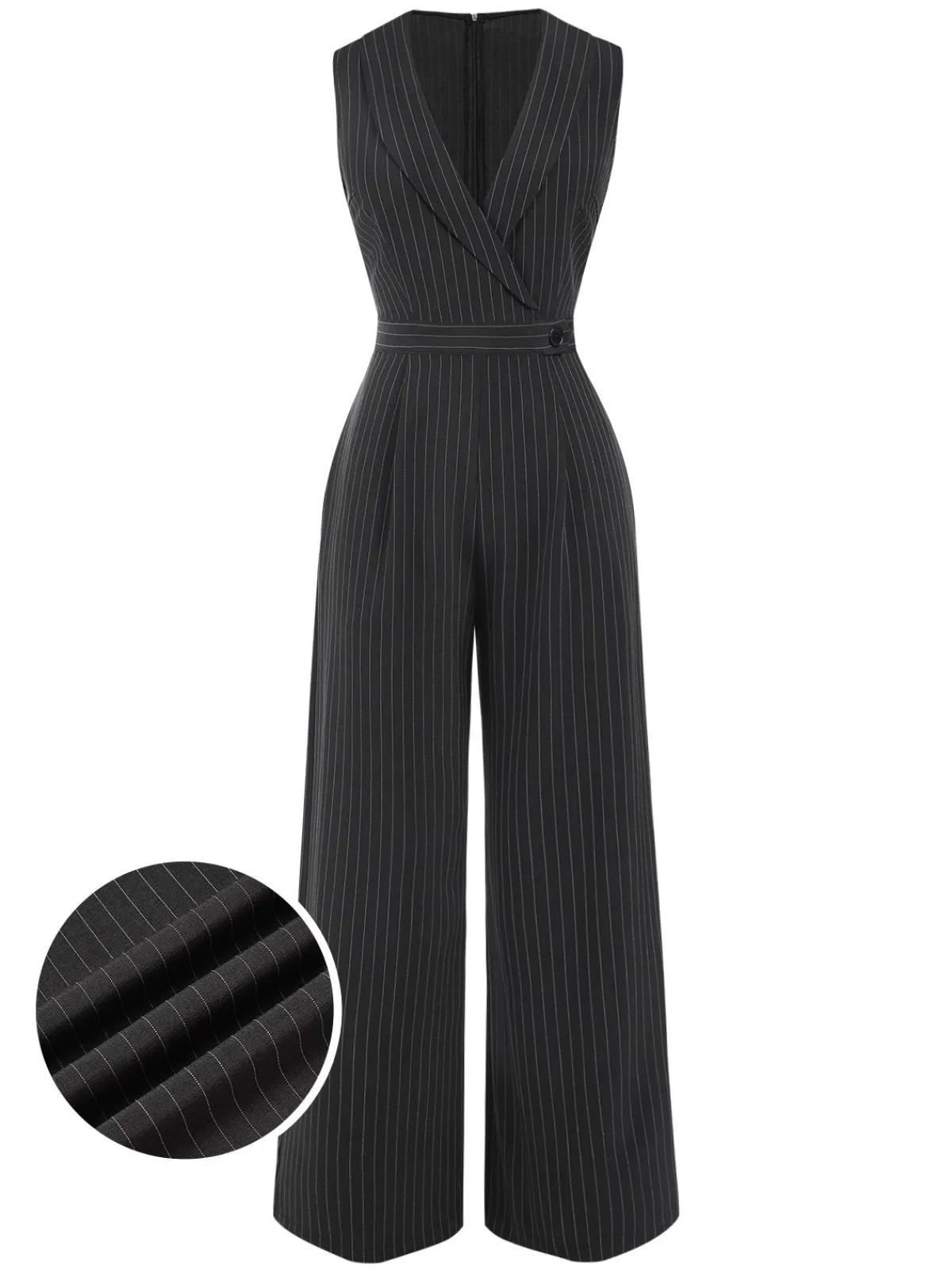 Fashion Retro Stage Gray 1940s Pinstripes Sleeveless Lapel Jumpsuit Dark Gray