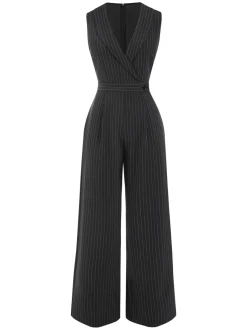 Fashion Retro Stage Gray 1940s Pinstripes Sleeveless Lapel Jumpsuit Dark Gray