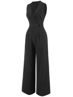 Fashion Retro Stage Gray 1940s Pinstripes Sleeveless Lapel Jumpsuit Dark Gray