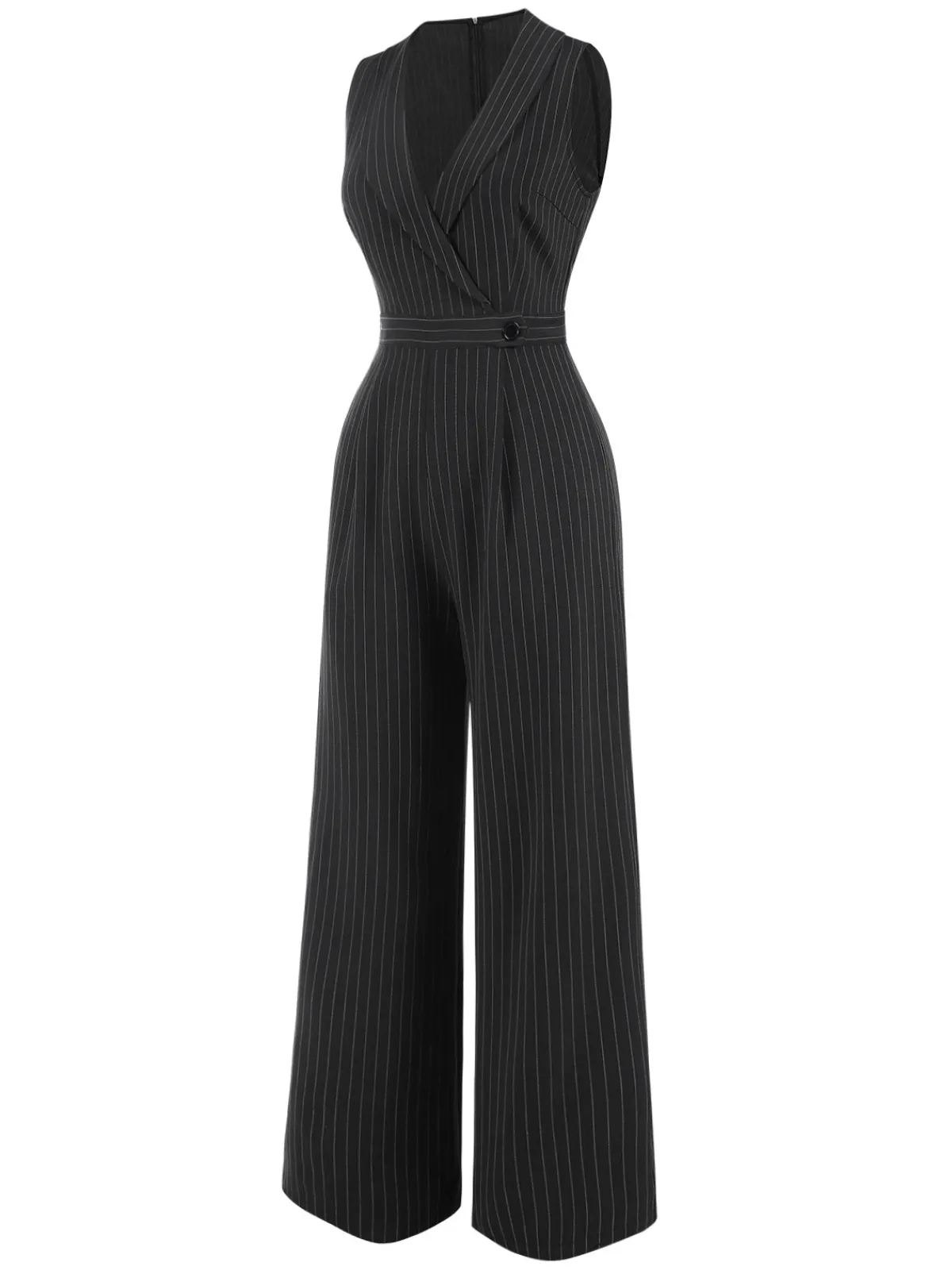 Fashion Retro Stage Gray 1940s Pinstripes Sleeveless Lapel Jumpsuit Dark Gray