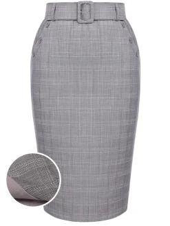 Hot Retro Stage 1960s Plaid Belt Pencil Skirt Gray