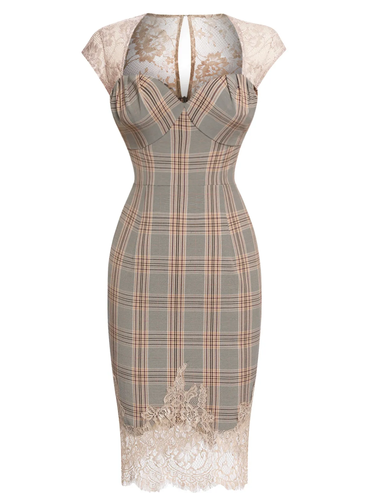 Fashion Retro Stage 1960s Plaid Lace Pencil Dress Gray