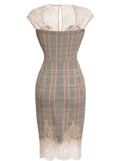 Fashion Retro Stage 1960s Plaid Lace Pencil Dress Gray