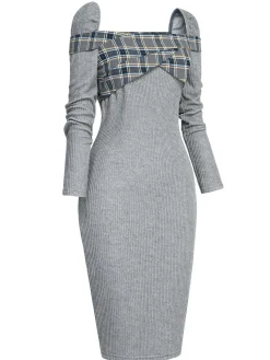 Outlet Retro Stage 1960s Plaid Patchwork Pencil Dress Gray