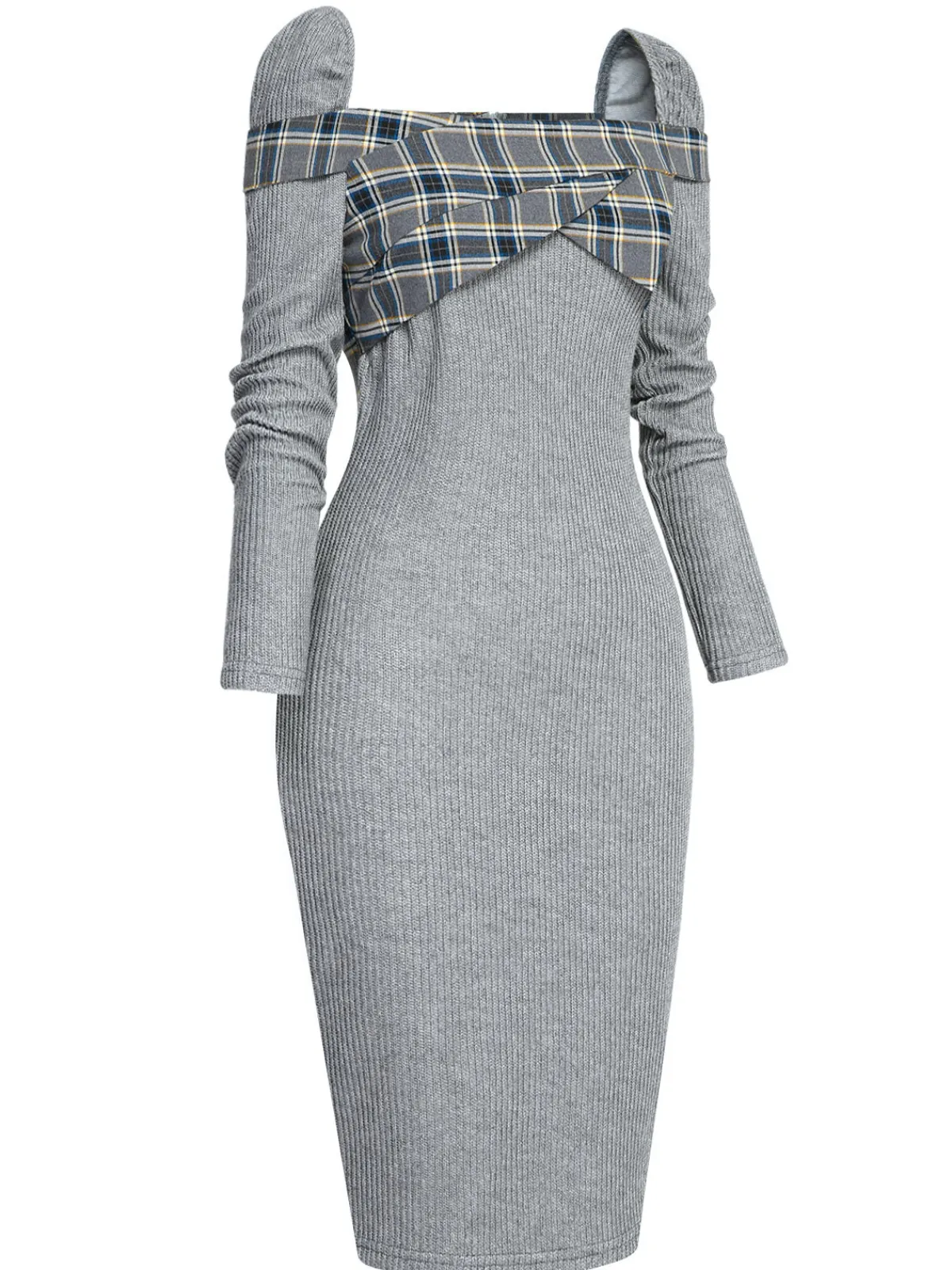 Outlet Retro Stage 1960s Plaid Patchwork Pencil Dress Gray