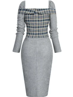 Outlet Retro Stage 1960s Plaid Patchwork Pencil Dress Gray