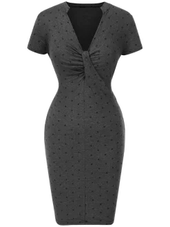 Fashion Retro Stage 1960s Polka Dots V-Neck Bodycon Dress Gray