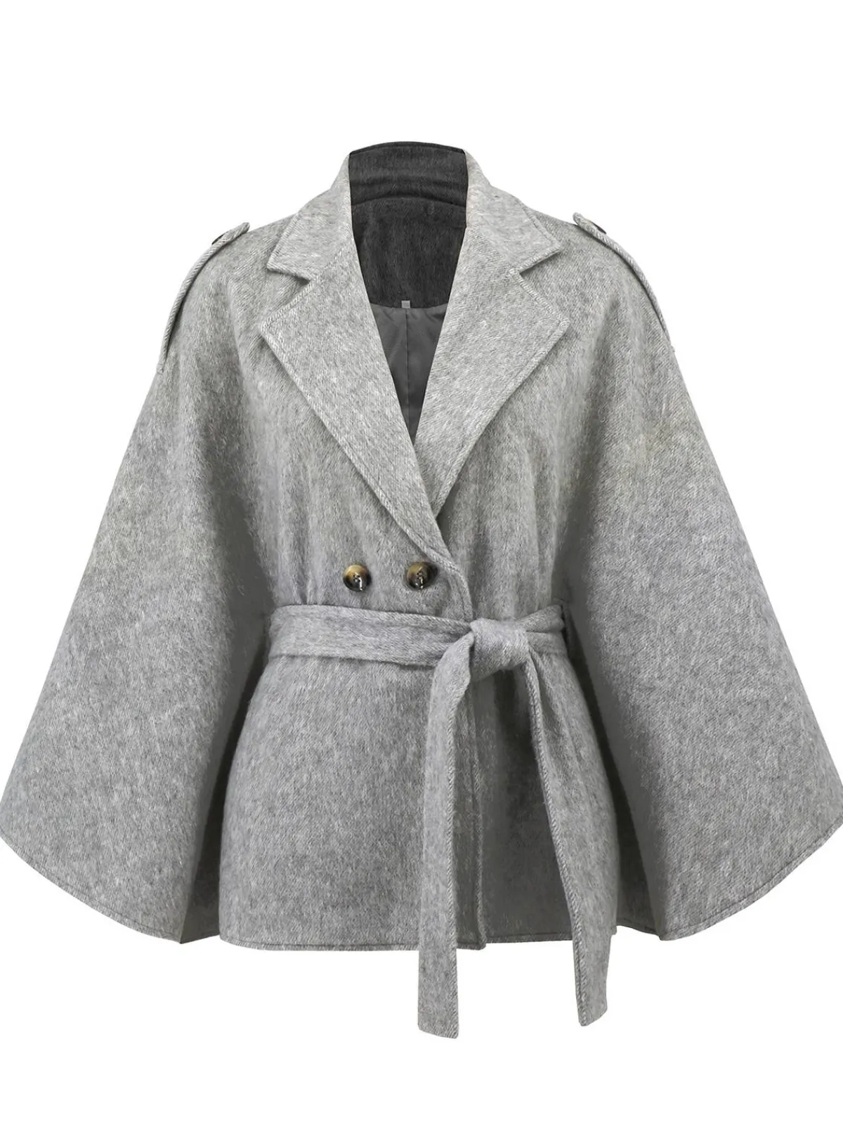 Sale Retro Stage 1950s Solid Notched Collar Belted Cloak Coat Gray