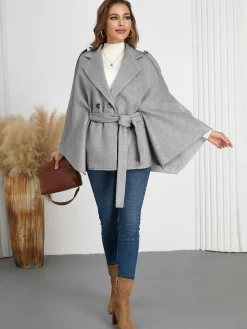 Sale Retro Stage 1950s Solid Notched Collar Belted Cloak Coat Gray