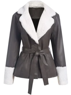 Fashion Retro Stage 1960s Solid Plush Faux Leather Belted Coat Gray