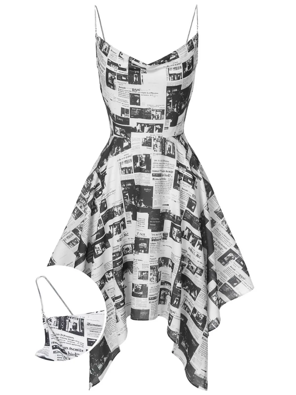 Outlet Retro Stage 1970s Spaghetti Straps Cowl Neck Newspaper Dress Gray