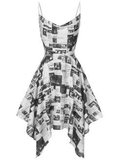 Outlet Retro Stage 1970s Spaghetti Straps Cowl Neck Newspaper Dress Gray