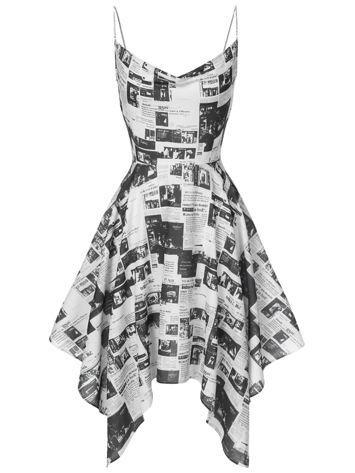 Outlet Retro Stage 1970s Spaghetti Straps Cowl Neck Newspaper Dress Gray