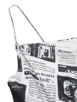 Outlet Retro Stage 1970s Spaghetti Straps Cowl Neck Newspaper Dress Gray