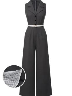 Clearance Retro Stage Gray 1940s V-Neck Lapel Lace-Patchwork Jumpsuit Dark Gray