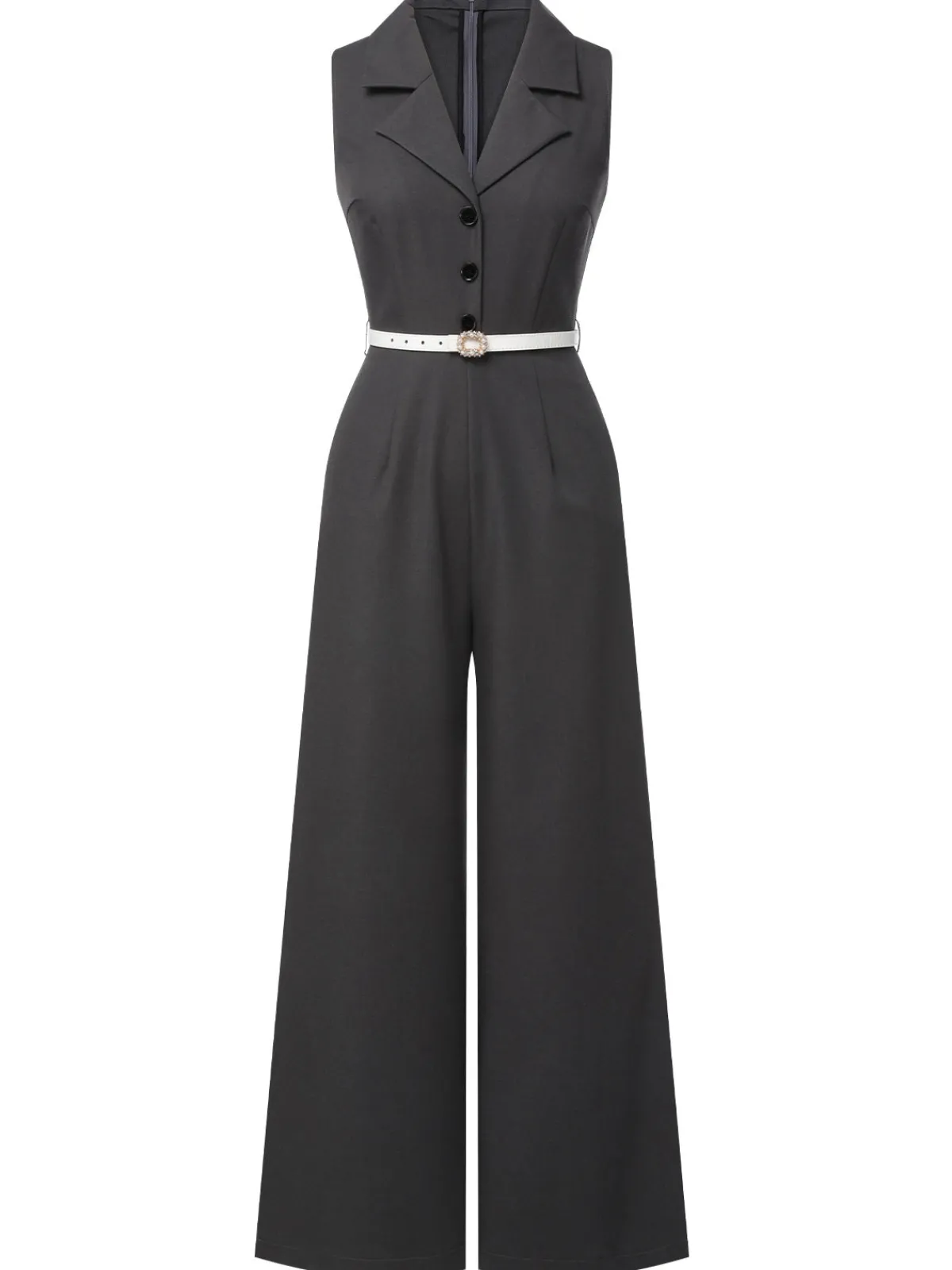 Clearance Retro Stage Gray 1940s V-Neck Lapel Lace-Patchwork Jumpsuit Dark Gray