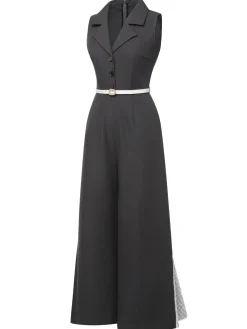 Clearance Retro Stage Gray 1940s V-Neck Lapel Lace-Patchwork Jumpsuit Dark Gray