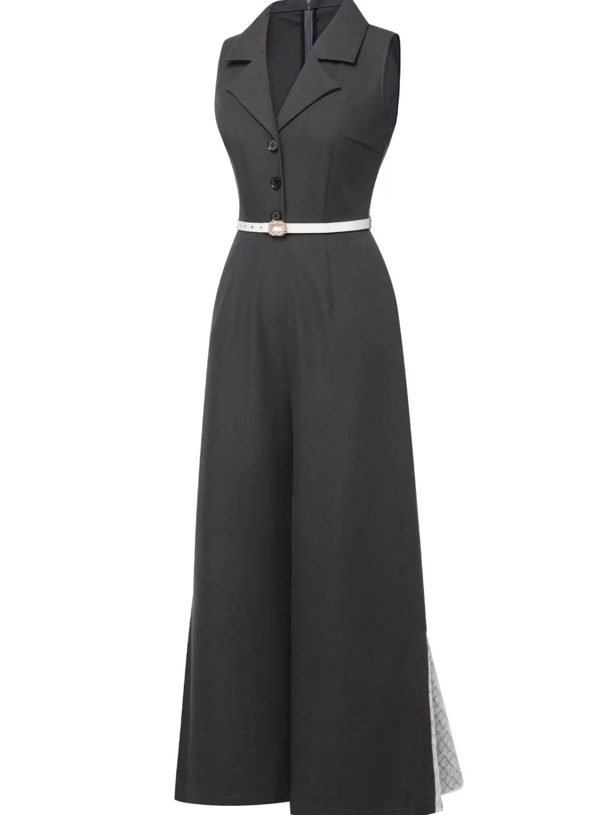 Clearance Retro Stage Gray 1940s V-Neck Lapel Lace-Patchwork Jumpsuit Dark Gray