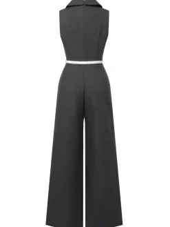 Clearance Retro Stage Gray 1940s V-Neck Lapel Lace-Patchwork Jumpsuit Dark Gray