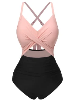 New Retro Stage Green & Black 1940s Hollow Waist Patchwork Swimsuit