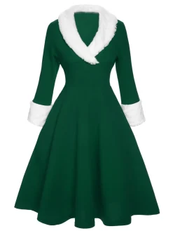 Sale Retro Stage Green & White 1950s Christmas Lapel Dress