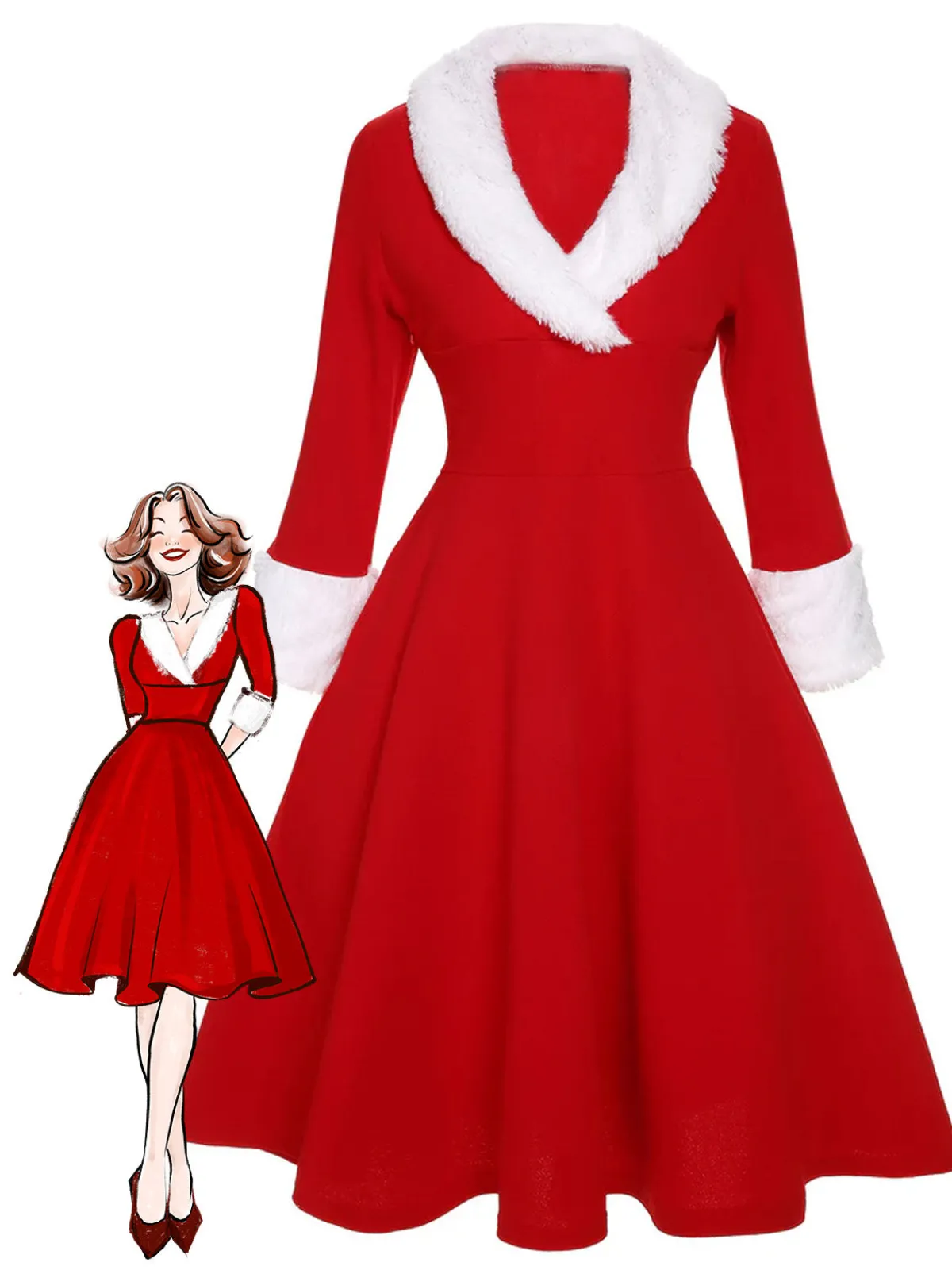 Sale Retro Stage Green & White 1950s Christmas Lapel Dress