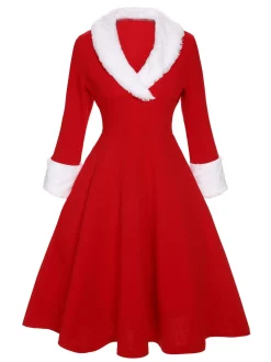 Sale Retro Stage Green & White 1950s Christmas Lapel Dress
