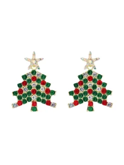 New Retro Stage Green Christmas Tree & Star Rhinestones Earrings