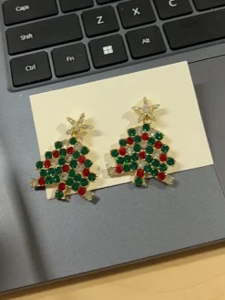 New Retro Stage Green Christmas Tree & Star Rhinestones Earrings