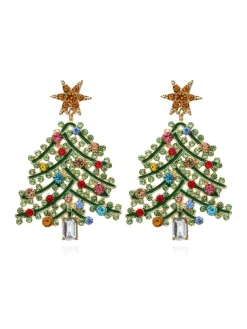 Discount Retro Stage Green Christmas Tree Rhinestones Earrings