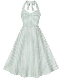Online Retro Stage 1950s Halter Plaids Dress Green Gray