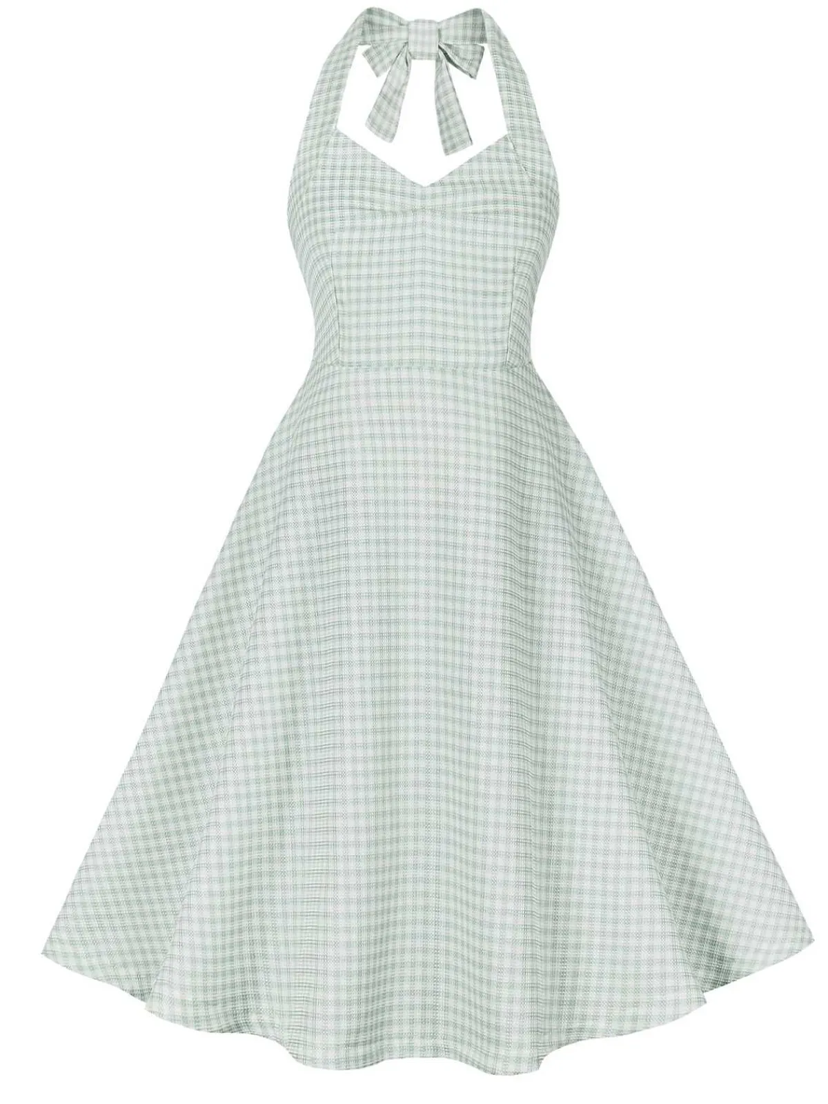 Online Retro Stage 1950s Halter Plaids Dress Green Gray