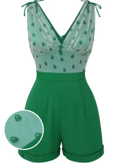 Clearance Retro Stage 1950s Avocado Mesh V-Neck Romper Green