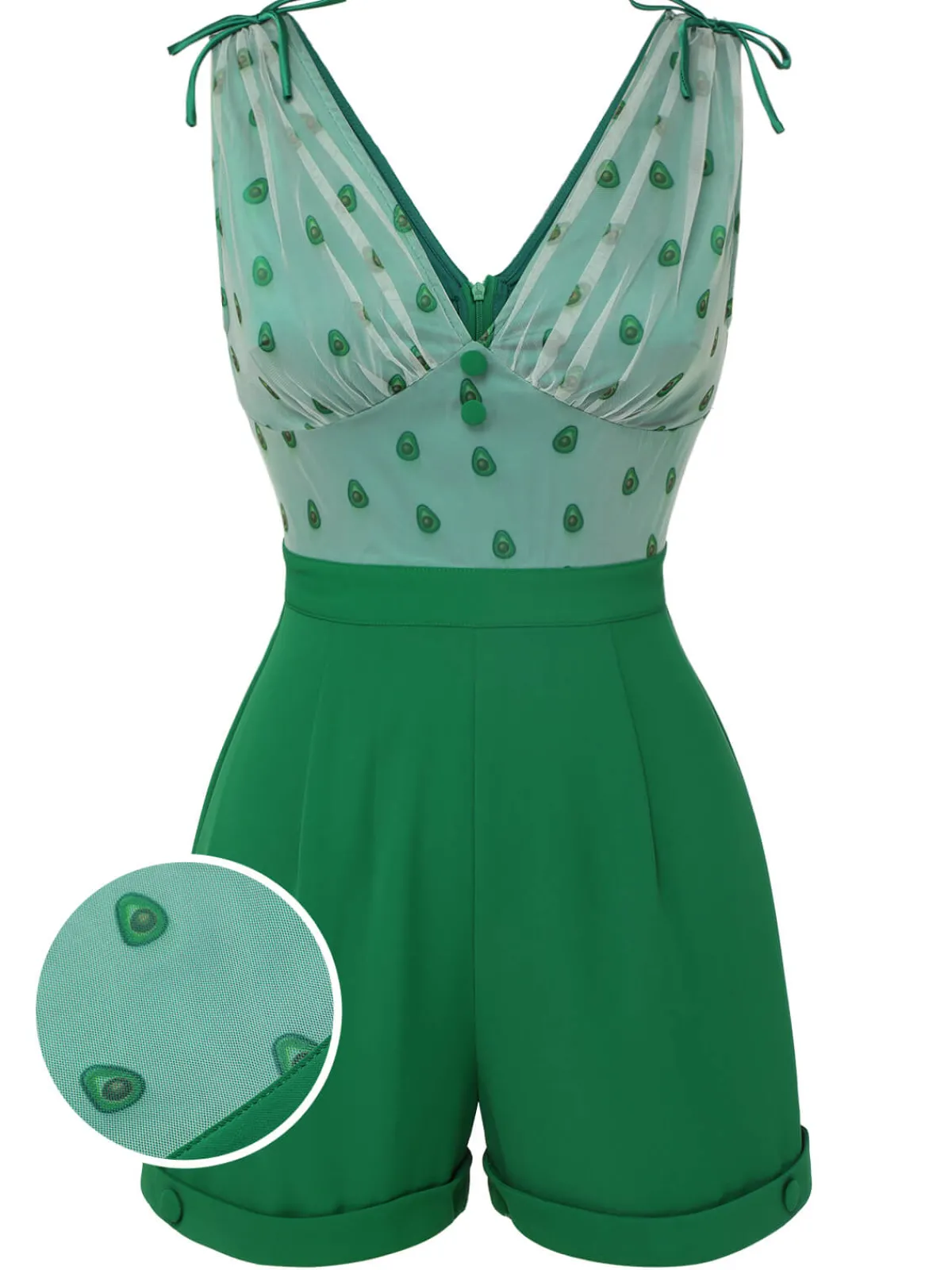 Clearance Retro Stage 1950s Avocado Mesh V-Neck Romper Green