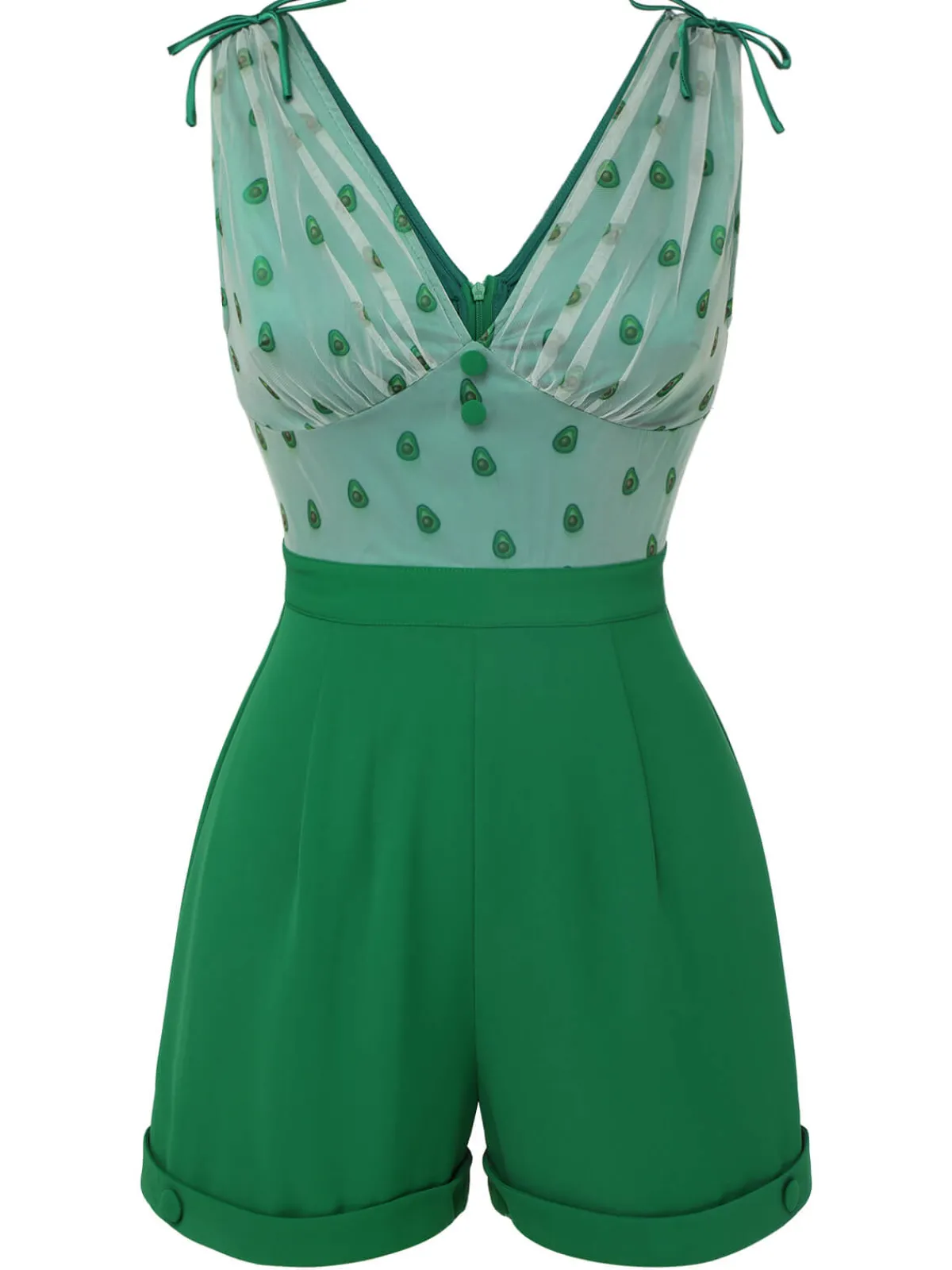 Clearance Retro Stage 1950s Avocado Mesh V-Neck Romper Green