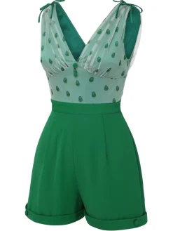 Clearance Retro Stage 1950s Avocado Mesh V-Neck Romper Green