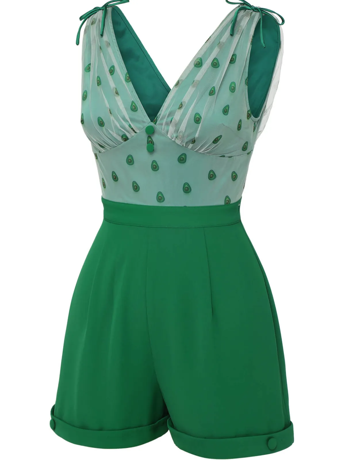 Clearance Retro Stage 1950s Avocado Mesh V-Neck Romper Green
