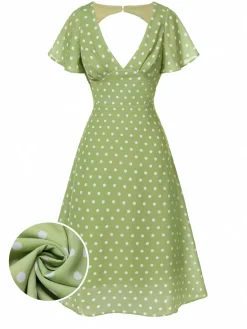 Discount Retro Stage Green 1940s Back Hollow-Out Polka Dots Dress Green Yellow