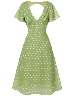 Discount Retro Stage Green 1940s Back Hollow-Out Polka Dots Dress Green Yellow