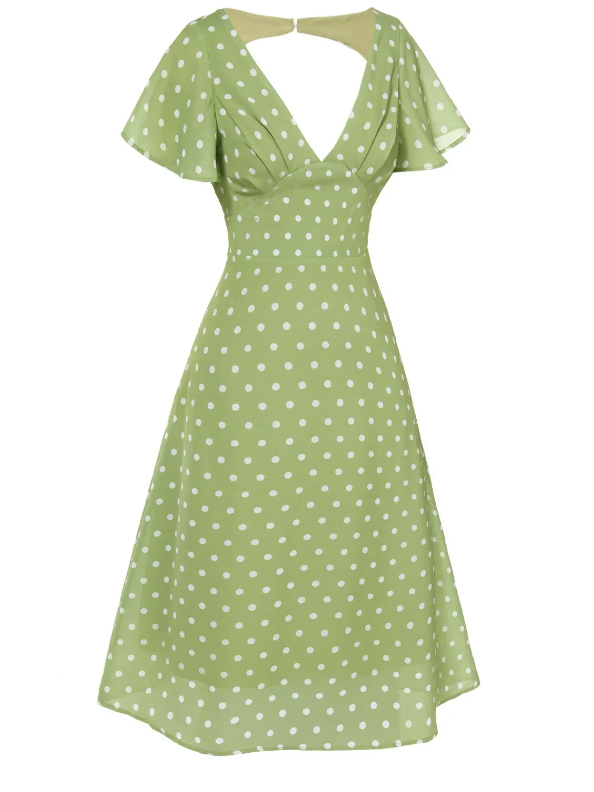 Discount Retro Stage Green 1940s Back Hollow-Out Polka Dots Dress Green Yellow
