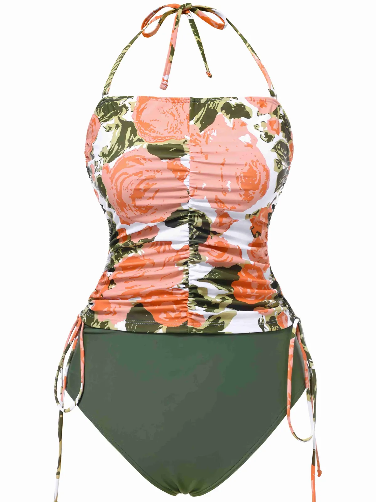 Hot Retro Stage 1960s Bandeau Halter Floral Drawstring Swimsuit Green