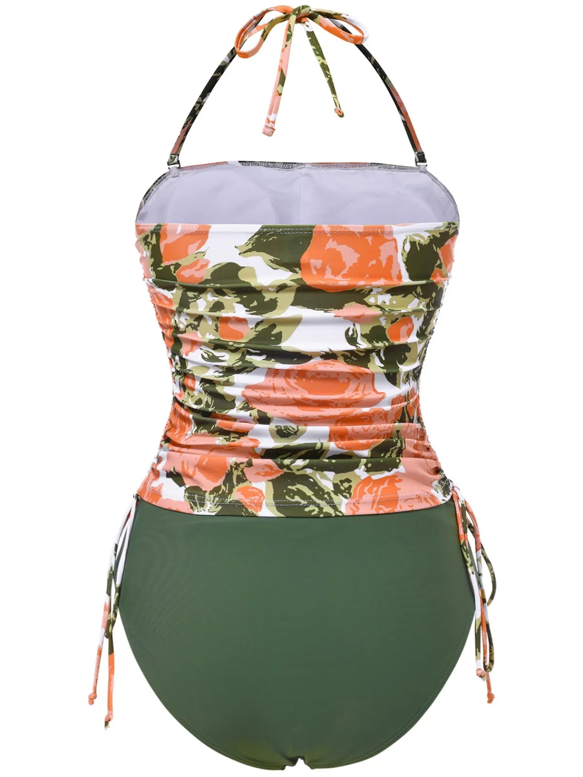 Hot Retro Stage 1960s Bandeau Halter Floral Drawstring Swimsuit Green