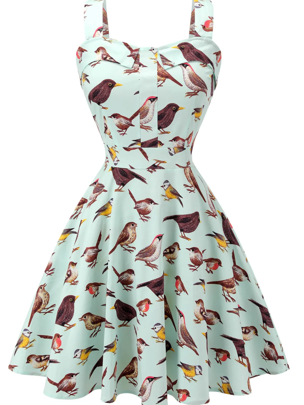 Outlet Retro Stage 1980s Bird Square Collar Sleeveless Dress Green