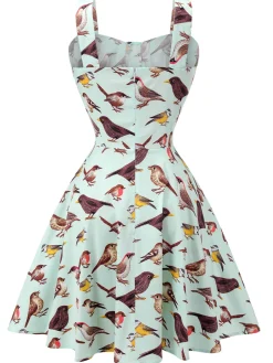 Outlet Retro Stage 1980s Bird Square Collar Sleeveless Dress Green