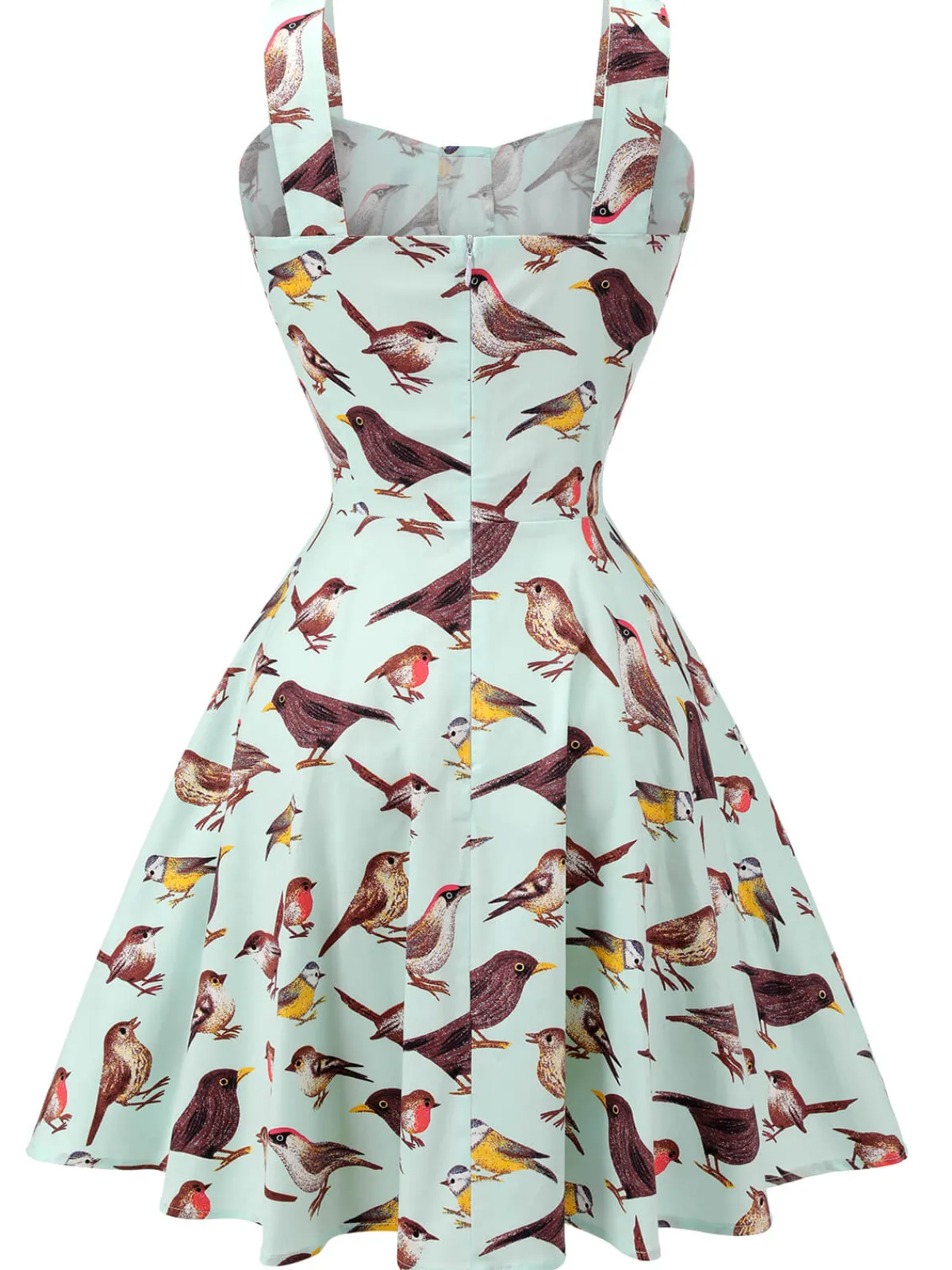 Outlet Retro Stage 1980s Bird Square Collar Sleeveless Dress Green