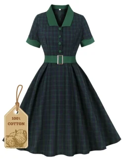 Fashion Retro Stage 1950s Blackwatch Tartan Lapel Dress Green